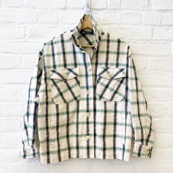 Zara || Plaid Overshirt Shacket Oversized Cream Green XS - Picture 2 of 9